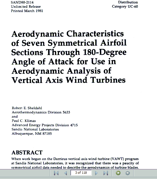 Angle of Attck Indicator Page 3 of 118 of pdf file of Aerodynamic Characteristics of Seven Symmetrical Airfoil Sections Through 180-Degree Angle of Attack for Use in Aerodynamic Analysis of Vertical Axis Wind Turbines : Sandia National Laboratories, Albuquerque, NM, March 1981, 118 pages.